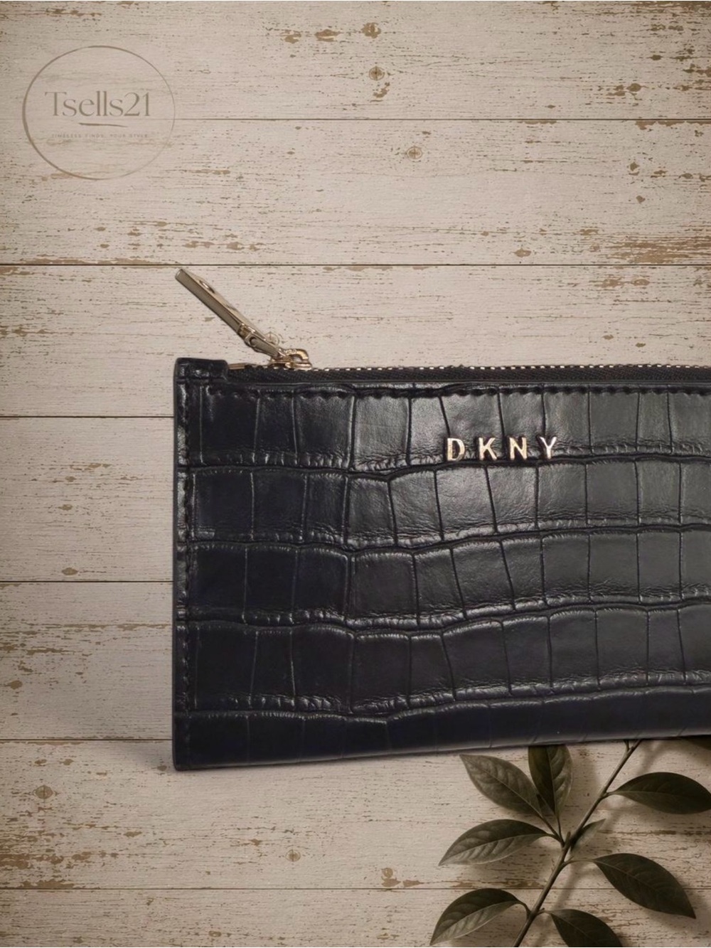 DKNY Black Faux-Croc Zip Card Case / Wallet